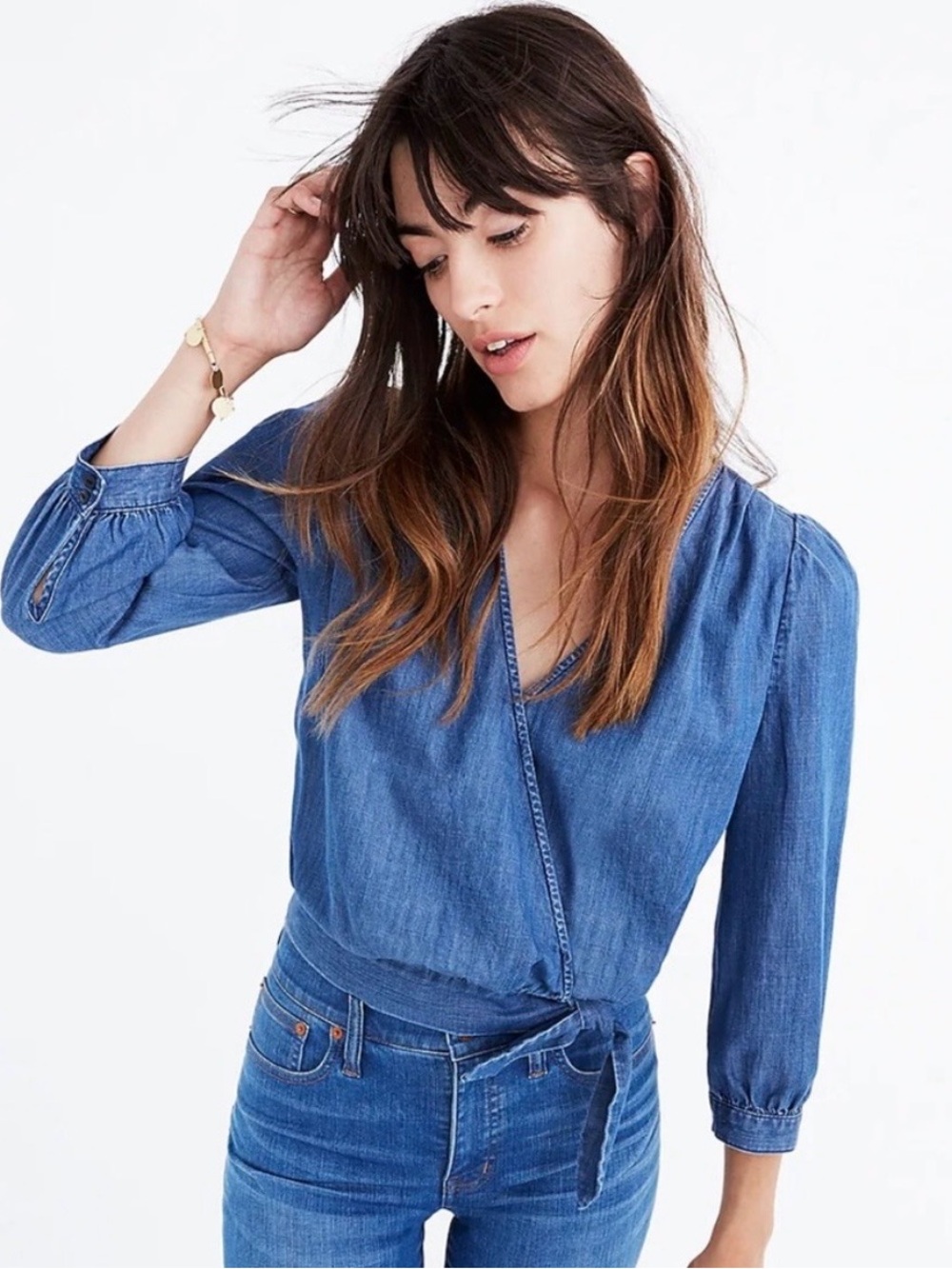 Madewell Denim-Look Wrap Blouse in Washed Blue